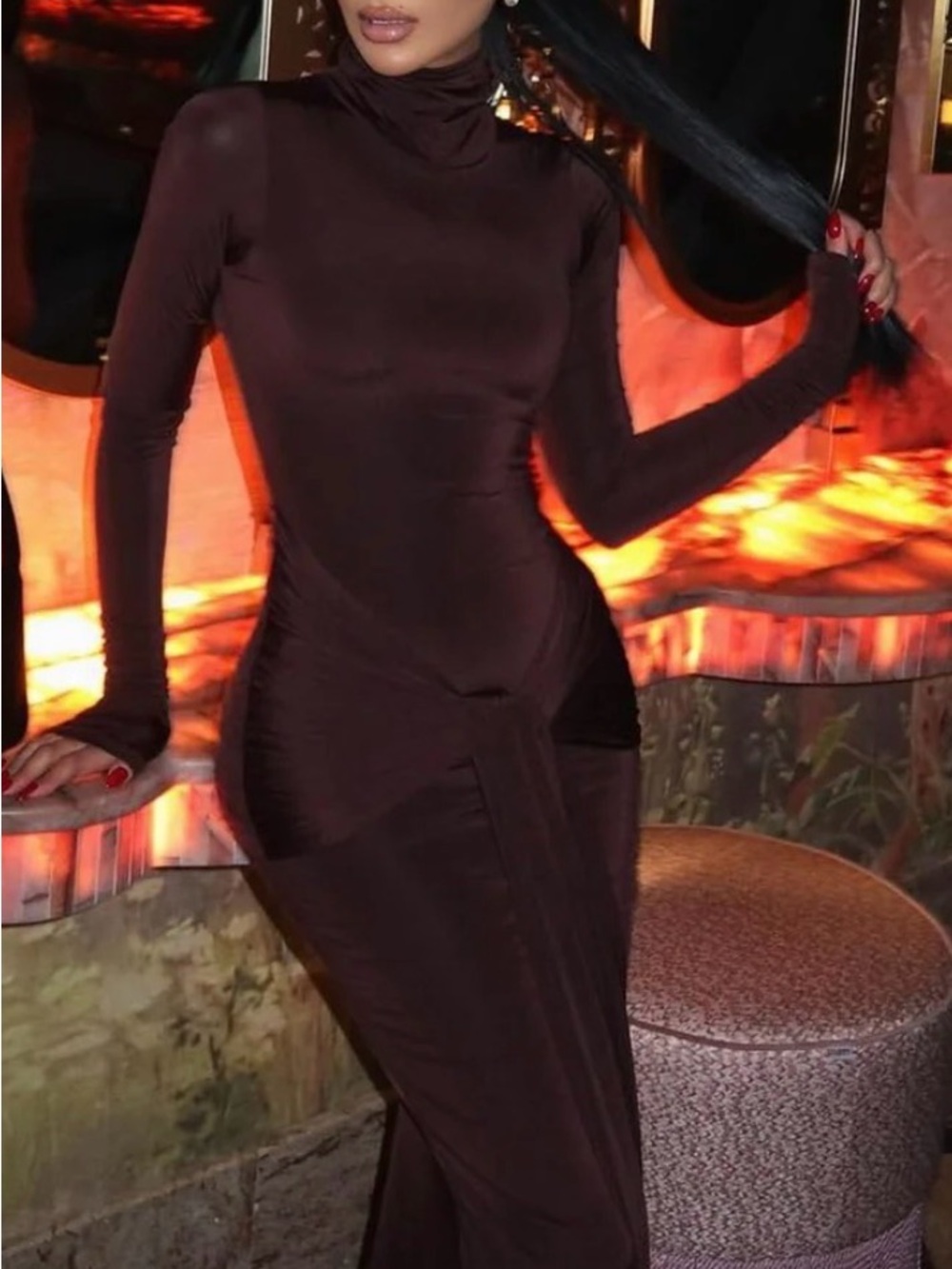 Fashion Nova Chocolate Brown Ruched Maxi Dress | Long Sleeve Bodycon | Size S